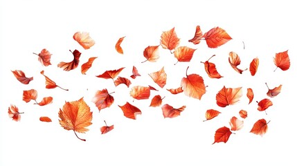 Orange and red leaves in motion, isolated against a white backdrop, evoking a sense of autumn and nature's ephemeral beauty