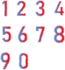 colorful gradient numbers set in red blue fluffy texture style, creative artistic font design for digital artwork, modern typography illustration pack