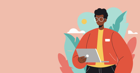 An illustrated Black man with glasses and a red jacket is working on his laptop, surrounded by abstract plants and a soft pink background.