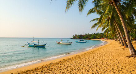 Tranquil tropical beach scene with several small fishing boats gently anchored in calm, shallow turquoise water, under a clear sky, lined by palm trees.
