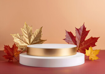 3D product display podium with golden maple leaves on warm beige background