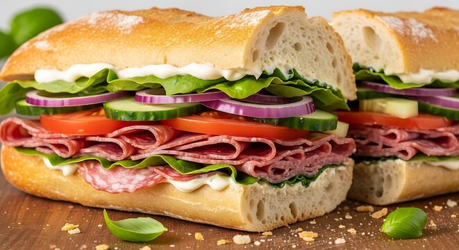 Two halves of a flavorful sub sandwich, glistening with mayonnaise, piled high with sliced salami, fresh lettuce, juicy tomatoes, crisp cucumbers, and vibrant red onions.