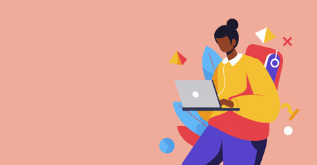 Focused person in a modern illustration working remotely on a laptop. Ideal for themes of online education, business, and digital lifestyle.