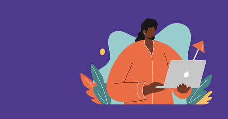 An illustration of a focused Black woman working on a laptop in a vibrant, creative setting with abstract elements. Ideal for themes of online learning, remote work, business, and digital success.