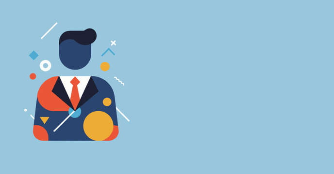 Abstract graphic illustration of a businessman in a suit, symbolizing corporate professionalism, success, and modern business concepts on a light blue background.