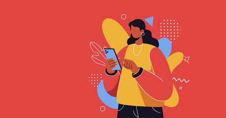 A stylish illustration depicts a woman engaged with her smartphone, surrounded by vibrant abstract shapes on a bold red background, symbolizing modern digital communication.