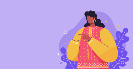 Diverse woman in vibrant attire pointing left, inviting attention or presenting information. Ideal for modern marketing, lifestyle, or business concepts with copy space.