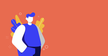 Fototapeta premium Modern flat illustration of a confident man with abstract plants and geometric shapes on a vibrant background. Ideal for business, technology, or lifestyle designs.