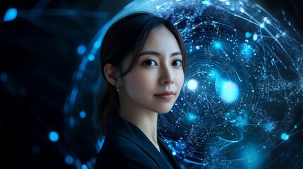Confident businesswoman in dark suit against futuristic blue digital network globe background