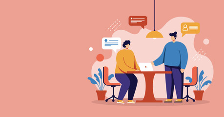 Two men collaborating in a modern office, discussing business ideas with laptops. Represents teamwork, communication, and digital work.