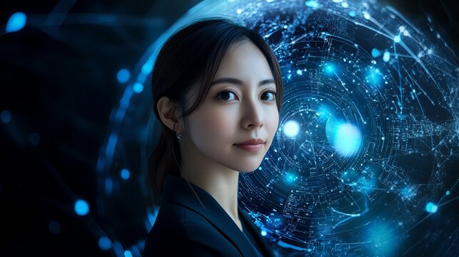 Confident businesswoman in dark suit against futuristic blue digital network globe background - Powered by Adobe