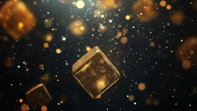 Gold cubes floating in a dark space filled with glittering particles