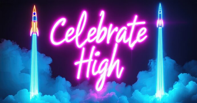 Bright neon text reads Celebrate High above rocket ships emerging from vibrant blue clouds. Dramatic lighting creates exciting atmosphere.