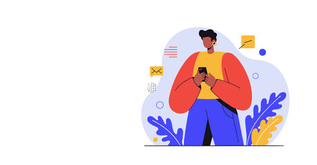 Modern illustration of a person engaging with a smartphone. Represents digital communication, social media, and mobile technology for lifestyle, business, and connectivity concepts.