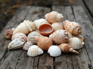 Rustic Wooden Shell Showcase: A natural display of shells placed on rustic wooden planks, highlighting organic textures and earthy tones.