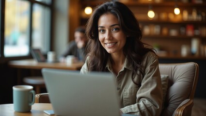Young Woman Working Remotely on Laptop in Café