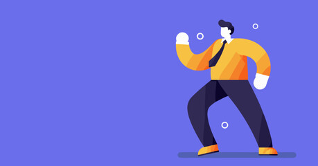 A confident businessman illustration stepping forward with purpose. Represents ambition, success, progress, and leadership in business. Ideal for corporate themes.