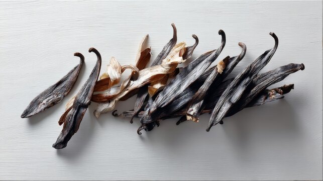 Topdown closeup of dried brown vanilla pods with textured wrinkled surfaces arranged on white background with space for text - Powered by Adobe