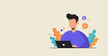 Digital illustration of a person focused on a laptop, representing remote work, online education, or technology-driven business solutions.