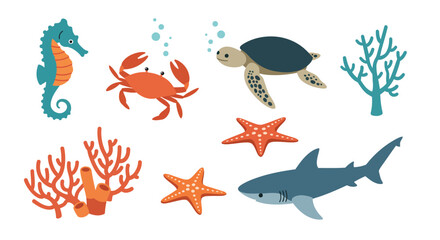 Marine life collection: seahorse, crab, turtle, shark, coral, and starfish in flat design