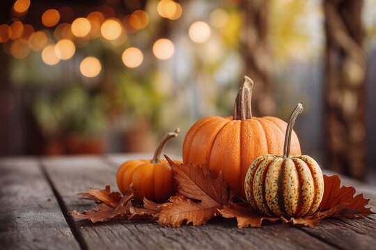 Three pumpkins surrounded by autumn leaves on a wooden surface with blurred lights, concept for fall celebrations, Thanksgiving themes and seasonal backdrops - Powered by Adobe