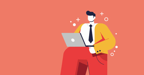 Professional man focused on his laptop, representing online work, digital communication, business, and technology in a modern flat design.