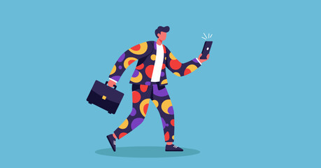 Obraz premium Modern man in a vibrant suit walks, focused on his smartphone, carrying a briefcase. Illustrates contemporary business, digital connectivity, and tech-driven lifestyle.