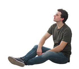 Side view relaxed man sitting on the floor looking contented and thoughtful. Smart and ingenious guy thinking of new ideas as the way to success, isolated on transparent background