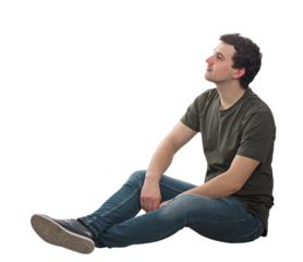 Side view relaxed man sitting on the floor looking contented and thoughtful. Smart and ingenious guy thinking of new ideas as the way to success, isolated on transparent background