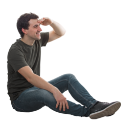 Side view relaxed man sitting on the floor looking far away as keeps hand to forehead. Positive thinking man isolated on transparent background
