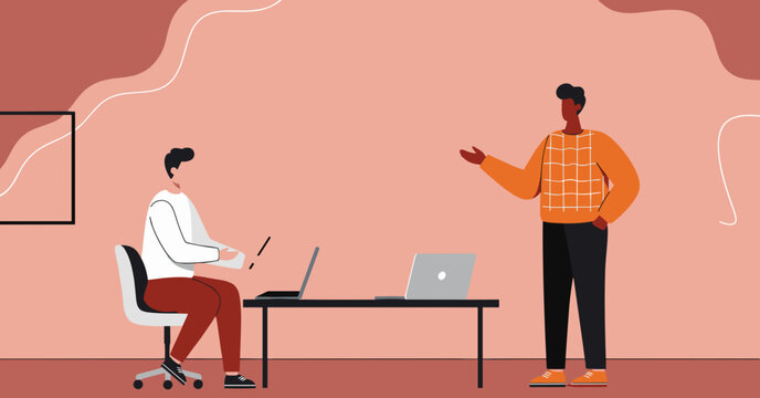 Two male colleagues collaborating in a modern office, discussing a project at a desk with laptops. Ideal for business, teamwork, communication, and contemporary workspace concepts.