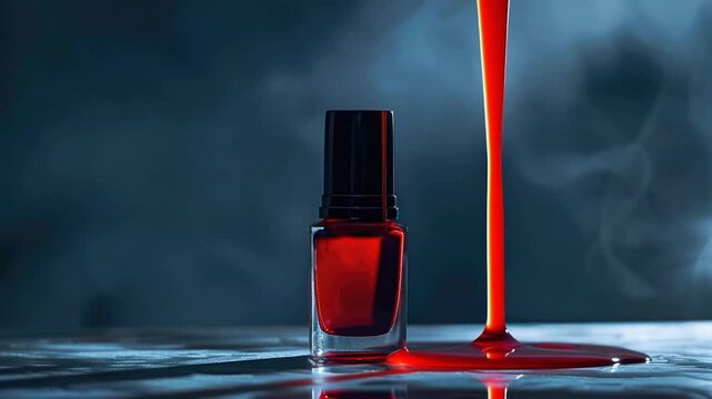 A single bottle of red nail polish sits on a table