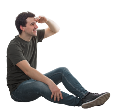 Side view relaxed man sitting on the floor looking far away as keeps hand to forehead. Positive thinking man isolated on transparent background - Powered by Adobe