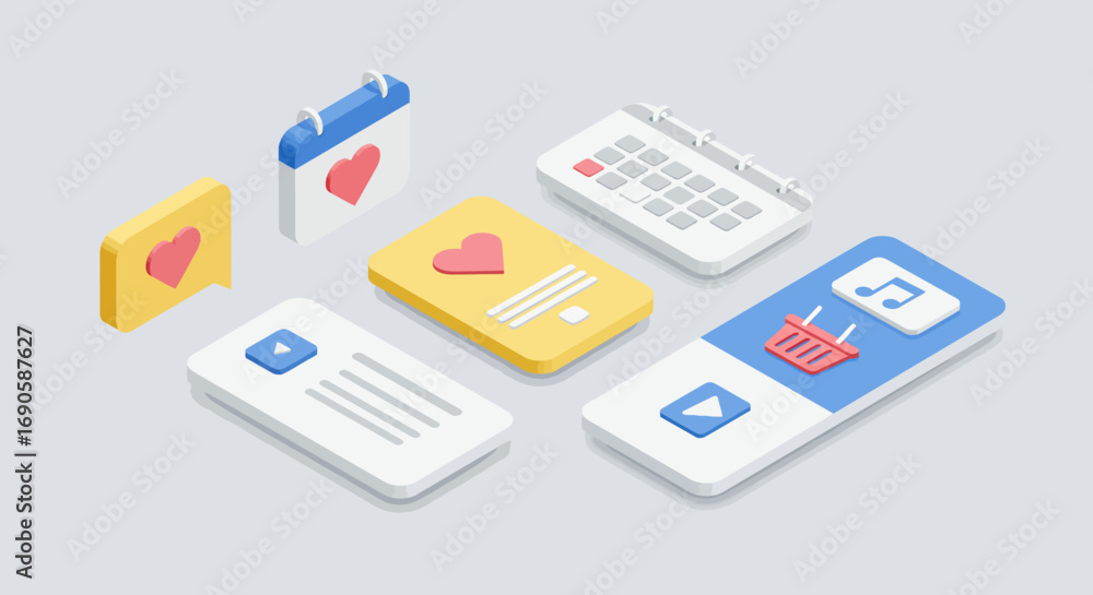 Poster isometric 3d user interface elements with social media and e-commerce icons
