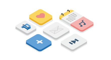 Isometric icon set with heart, calendar, email, and media symbols on pastel blocks