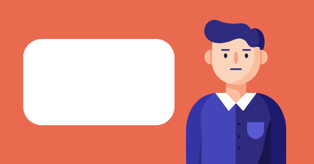 Flat design illustration of a man with a blank speech bubble, ideal for presenting business concepts, educational content, or important messages.