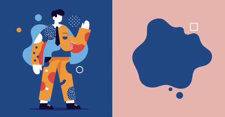 Stylish young businessman with abstract colorful suit, waving hand, against a two-tone background with copy space, ideal for modern business presentations and marketing materials.