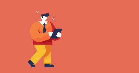 Stylized businessman using a tablet while walking, depicting mobile technology, digital communication, and modern productivity. Ideal for business and tech concepts.