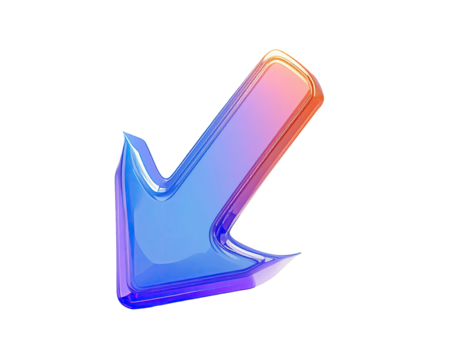 A vibrant, glossy, three-dimensional arrow pointing diagonally downward. The arrow's shape is exaggerated with smooth curves,