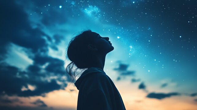 Young woman gazes at vibrant starry night sky, inspiring wonder and infinite possibilities