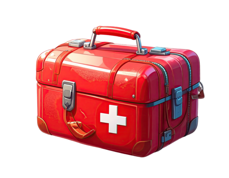 Red medical kit, stylized, boxy design, with a white cross - Powered by Adobe