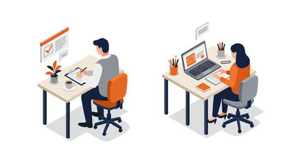 Office workers in isometric style using laptops and writing at desks with office supplies