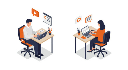 Isometric office scene with colleagues working at desks