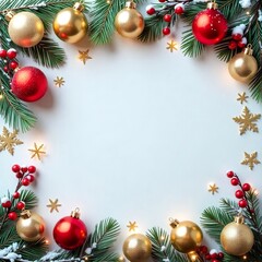 Golden Baubles and Berries on Christmas Tree Branch Border