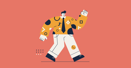 Stylized illustration of a confident businessman walking purposefully, representing success, achievement, and forward movement in business or life.