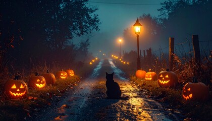 Creepy Halloween road glowing with pumpkins and fog