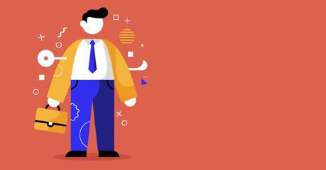 Professional businessman illustration holding a briefcase, representing career, success, and corporate life with abstract elements.