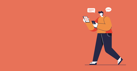 Modern individual walking, simultaneously engaging with a smartphone and tablet, illustrating multitasking and digital connectivity.