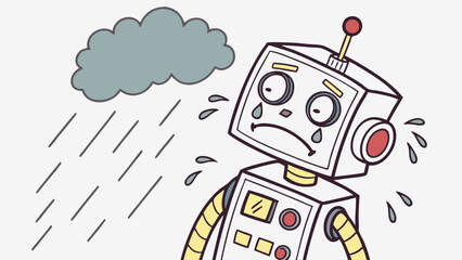 A Sad Robot Weeping Under a Cloudy Sky