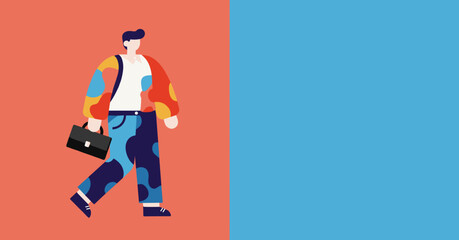 Modern graphic illustration of a person walking with a briefcase, embodying entrepreneurship, career, and contemporary lifestyle.
